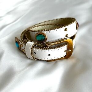 Vintage early 1990s Synthetic Jewel Embellished White Leather Waist Belt -Large